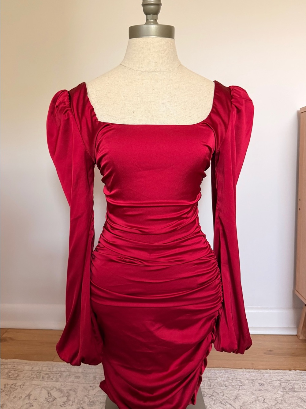 Oh Polly Red Ruched Mini Dress Puff Sleeves - Picture 3 of 4